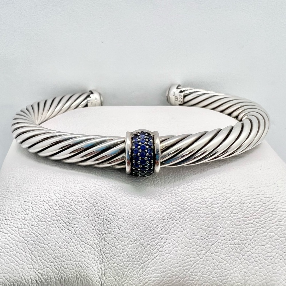David Yurman Sterling Silver and Pave Blue Sapphire Station Bracelet - Picture 8 of 13